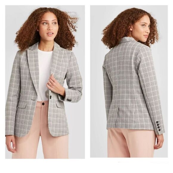 A New Day Womens Plaid One‎ Button Long Sleeve Lined Blazer Jacket Gray Size 2 - Picture 1 of 12